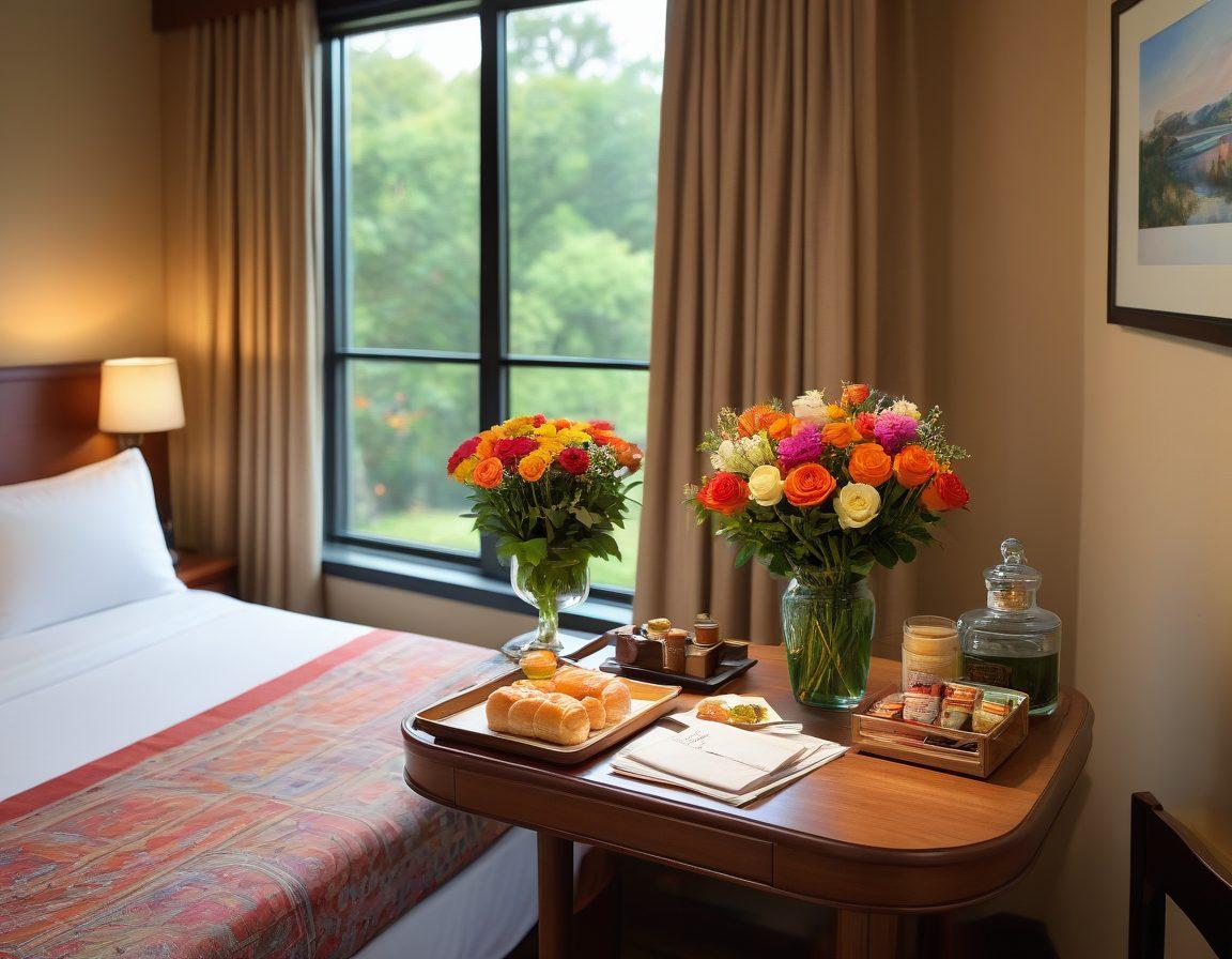 A cozy, inviting motel room with plush bedding, a welcoming check-in desk, and fresh flowers on the table. Include a friendly staff member greeting guests with a warm smile, and a scenic view through the window showcasing lush greenery. Incorporate elements that suggest comfort and hospitality, such as complimentary snacks and local guides. vibrant colors. super-realistic. warm lighting.