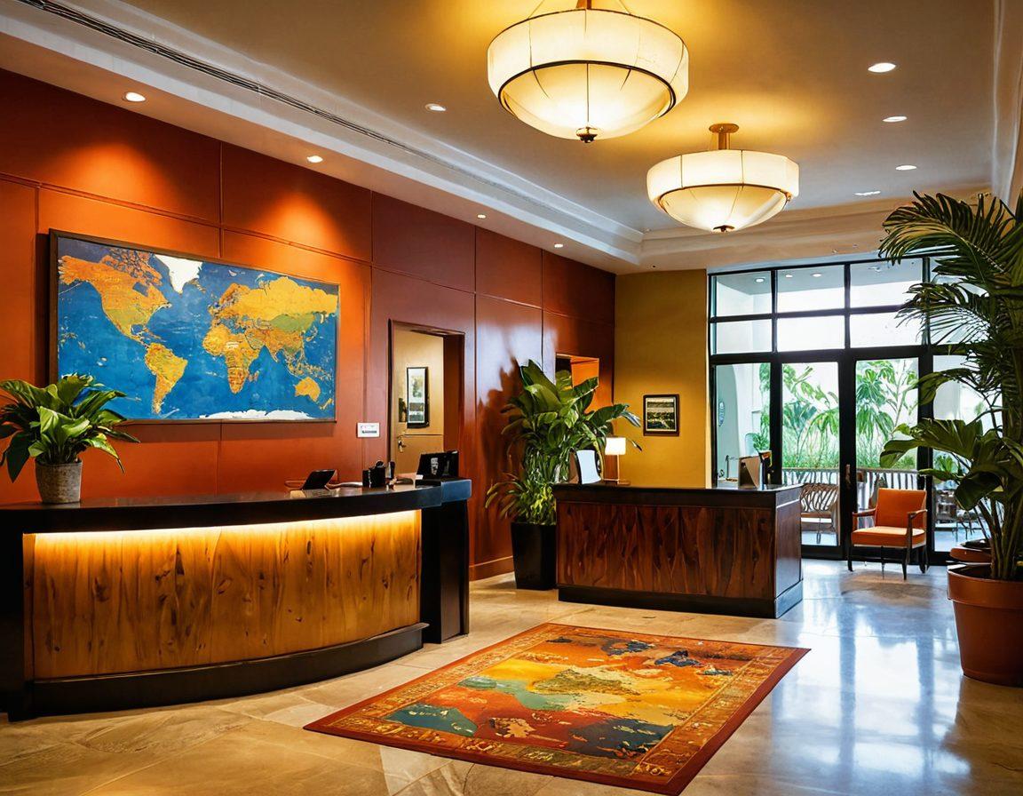 A warm and inviting hotel lobby with travelers checking in and friendly staff assisting them. Scenic travel posters adorn the walls, and lush indoor plants add a touch of nature. A welcoming reception desk and cozy seating areas create an atmosphere of comfort and adventure. Soft lighting enhances the inviting ambiance, while a subtle map of the world is displayed in the background. super-realistic. vibrant colors. warm lighting.