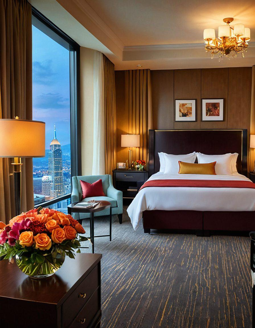 A cozy, elegantly arranged hotel room featuring plush bedding, soft lighting, and fresh flowers. Include a welcoming reception area with a friendly concierge ready to assist. A scenic view through a window showcasing a beautiful landscape or city skyline. Accentuate the atmosphere with subtle luxury and warmth. super-realistic. vibrant colors. soft focus.